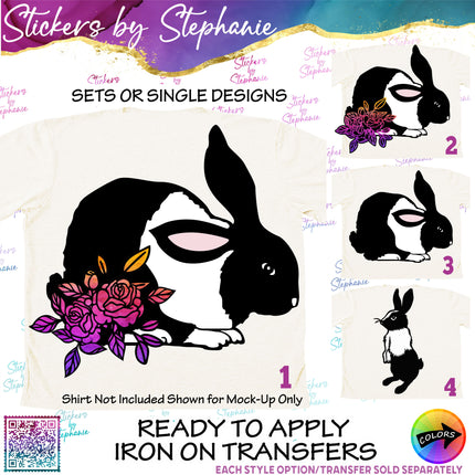 (s02A-384) Dutch Rabbit Flowers Graphic Iron-On Transfer or Sticker