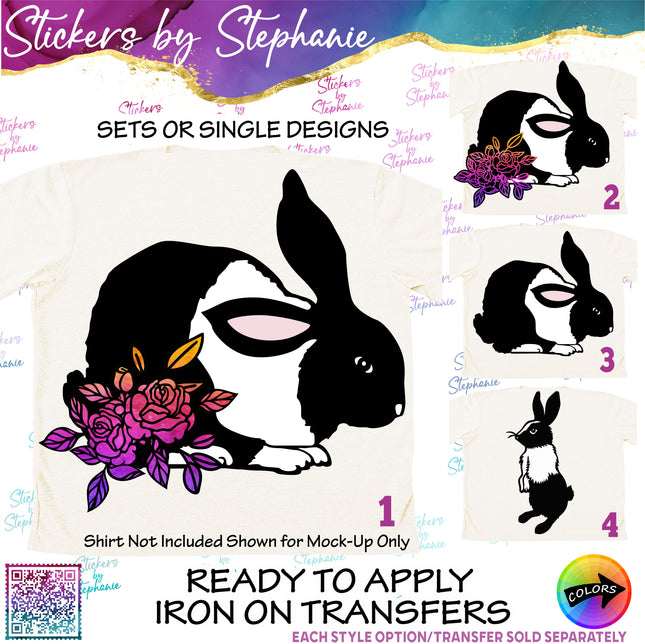 (s02A-384) Dutch Rabbit Flowers Graphic Iron-On Transfer or Sticker