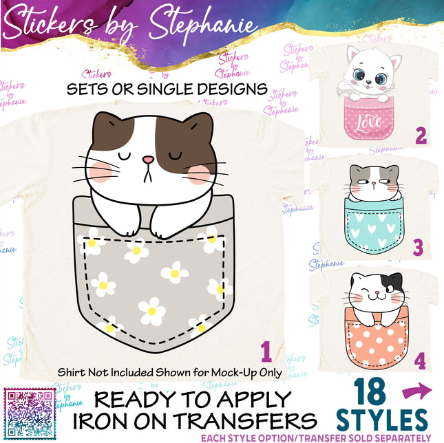 (s02A-040) Pocket Cat Kitten Graphic Iron-On Transfer or Sticker