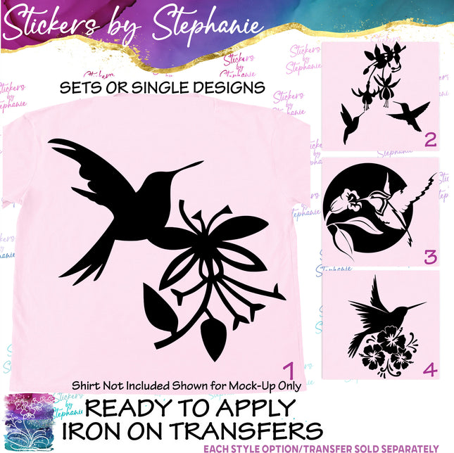 (s01A-014) Hummingbird Flowers Iron-On Transfer