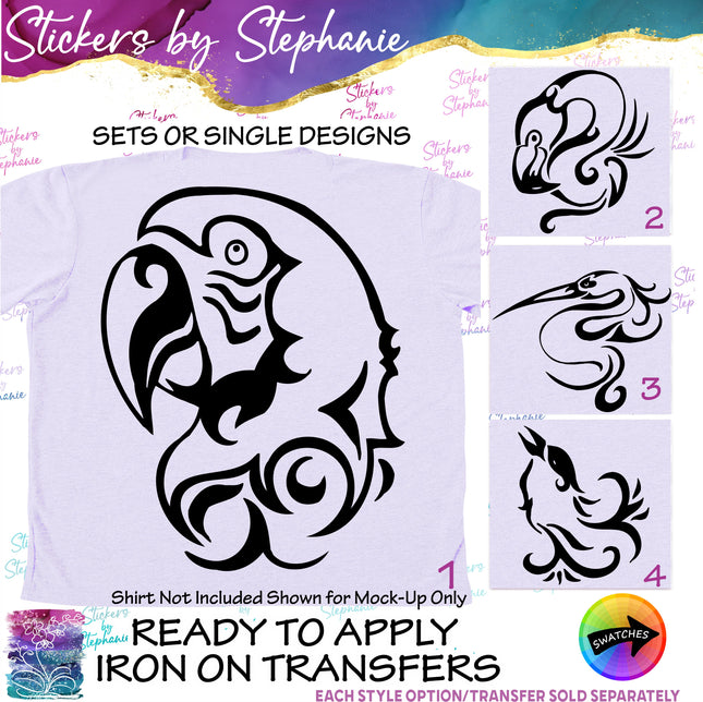 (s01A-015) Parrot, Crane, Flamingo, Sparrow Iron-On Transfer