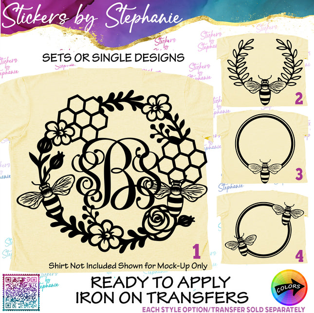 (s01A-154) Bee Monogram Frame Iron-On Transfer
