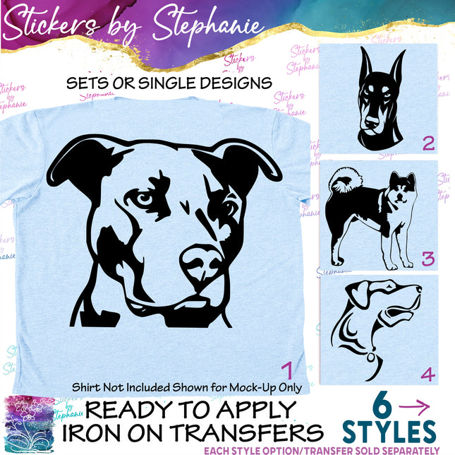 (s01A-160) Pitbull, Doberman, Akita, Dog Head Iron-On Transfer