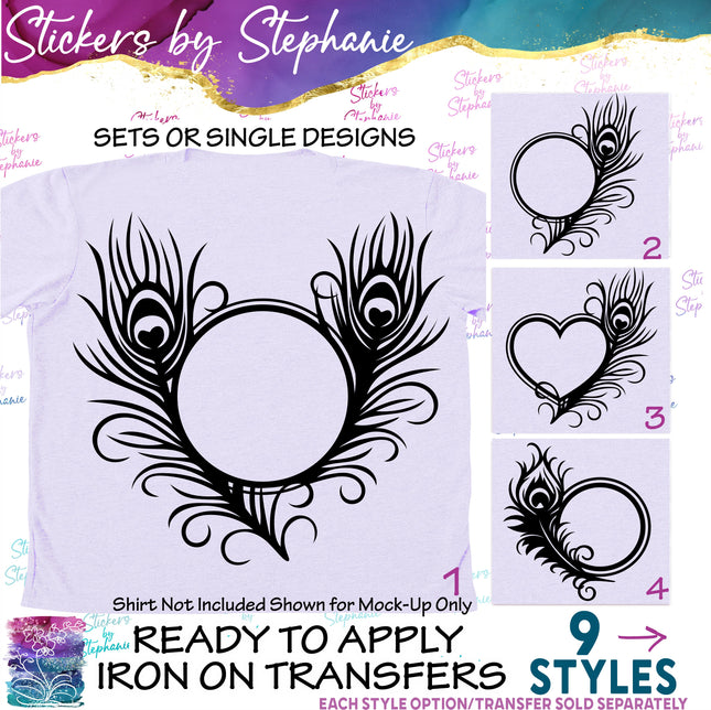 (s01A-165) Peacock Feather Monogram Frame Iron-On Transfer