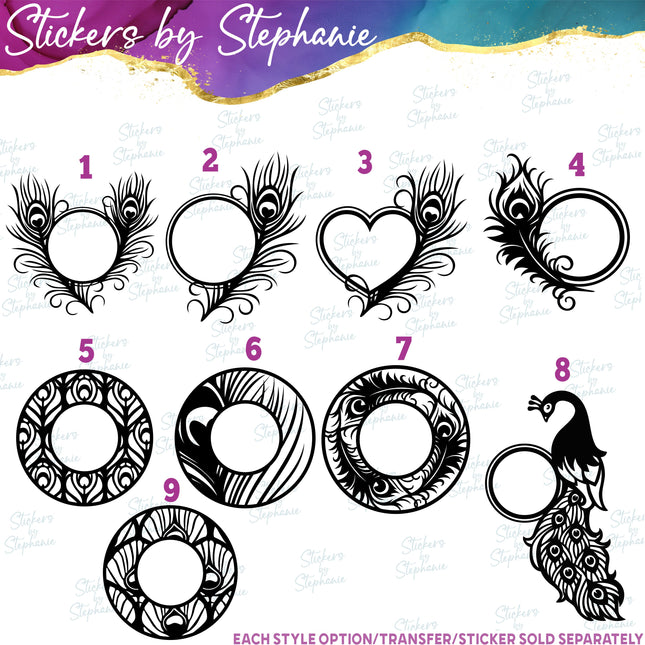 (s01A-165) Peacock Feather Monogram Frame Iron-On Transfer