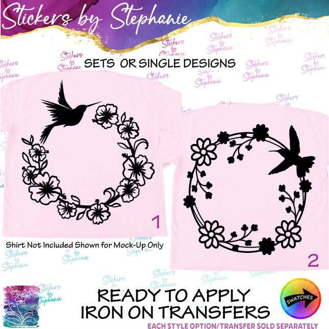 (s01A-166) Hummingbird Flower Monogram Frame Iron-On Transfer