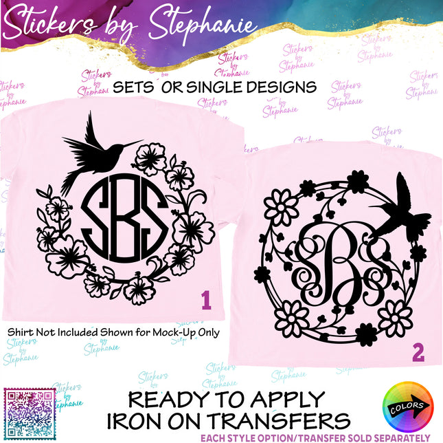 (s01A-166) Hummingbird Flower Monogram Frame Iron-On Transfer