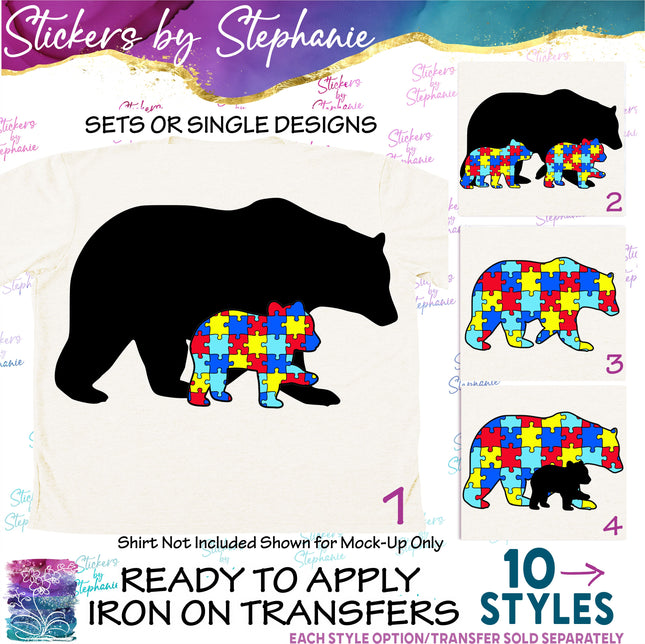 (s01A-173) Bear Autism Puzzle Cub Iron-On Transfer