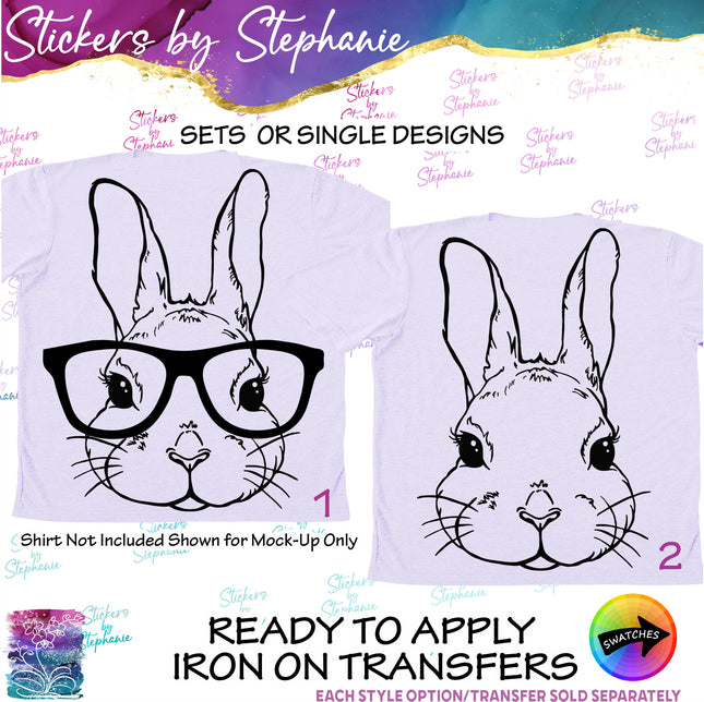 (s01A-189) Bunny Rabbit Face, Glasses Iron-On Transfer
