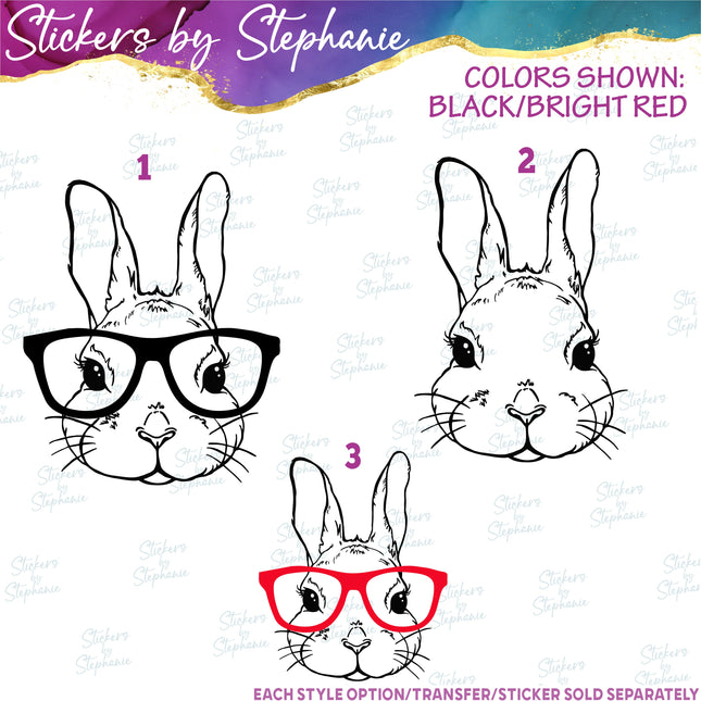 (s01A-189) Bunny Rabbit Face, Glasses Iron-On Transfer