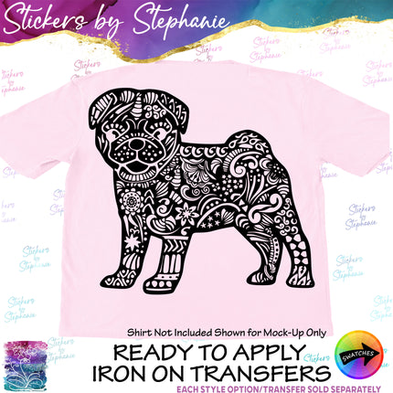 (s01A-198) Pug Dog Zentangle Iron-On Transfer or Sticker