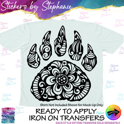 (s01A-205) Bear Paw Print Zentangle Iron-On Transfer or Sticker
