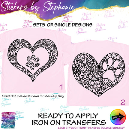 (s01A-217) Heart Paw Print Zentangle Iron-On Transfer or Sticker
