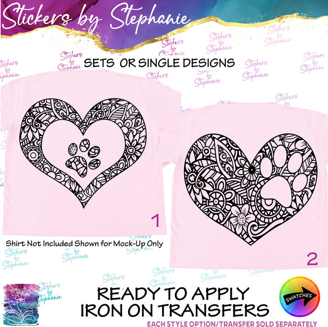(s01A-217) Heart Paw Print Zentangle Iron-On Transfer