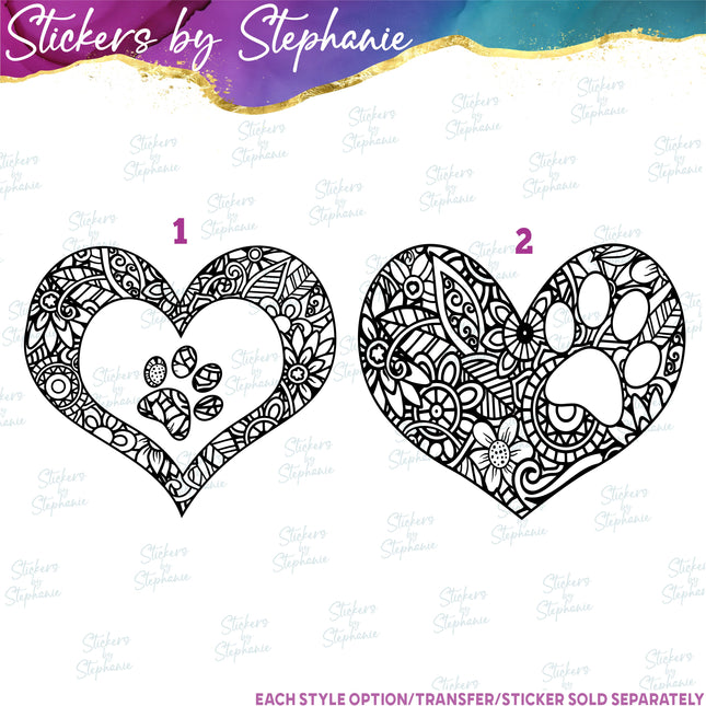 (s01A-217) Heart Paw Print Zentangle Iron-On Transfer