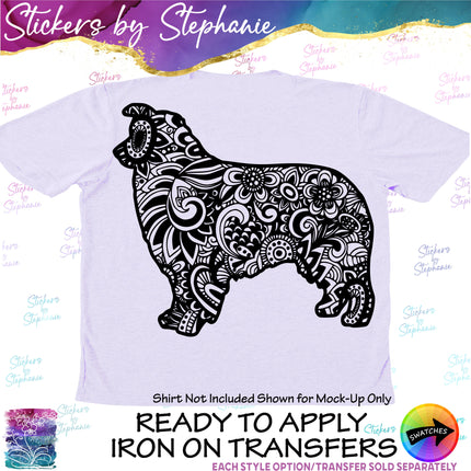 (s01A-224) Australian Shepherd Dog Zentangle Iron-On Transfer or Sticker