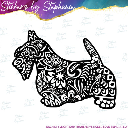 (s01A-225) Scottish Terrier Dog Zentangle Iron-On Transfer or Sticker