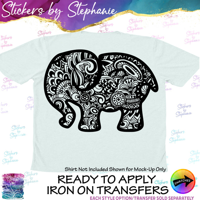 (s01A-237) Elephant Zentangle Iron-On Transfer