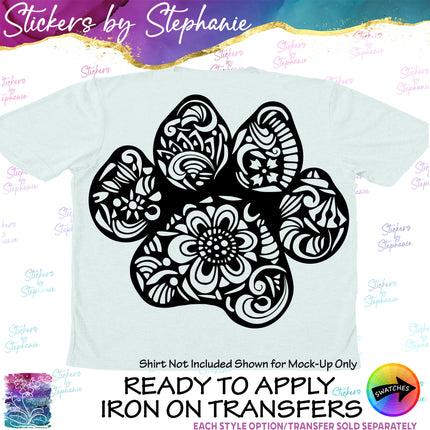 (s01A-242) Dog Paw Print Zentangle Iron-On Transfer or Sticker