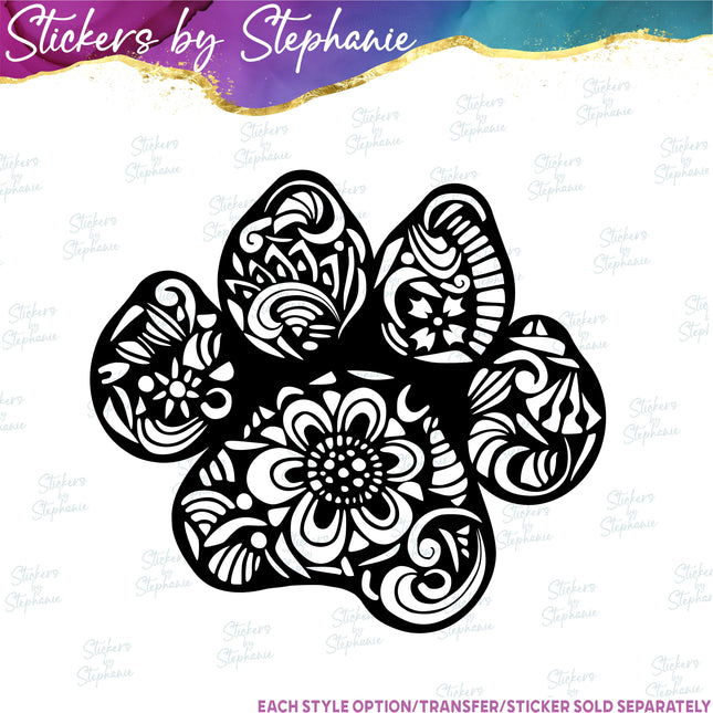 (s01A-242) Dog Paw Print Zentangle Iron-On Transfer