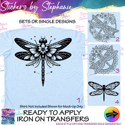 (s01A-026) Dragonfly Floral Zentangle Iron-On Transfer or Sticker