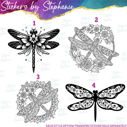 (s01A-026) Dragonfly Floral Zentangle Iron-On Transfer or Sticker