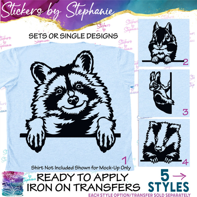 (s01A-263) Racoon, Squirrel, Badger Peeking Iron-On Transfer