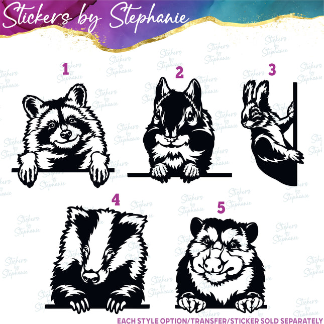 (s01A-263) Racoon, Squirrel, Badger Peeking Iron-On Transfer