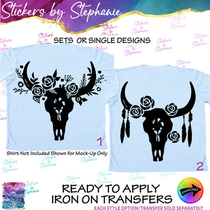 (s01A-265) Floral Cow Skull Iron-On Transfer