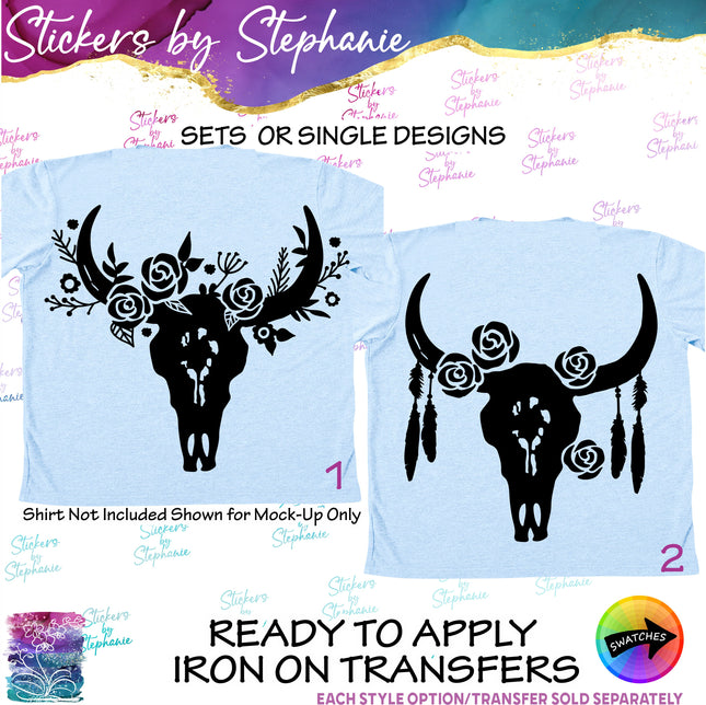 (s01A-265) Floral Cow Skull Iron-On Transfer