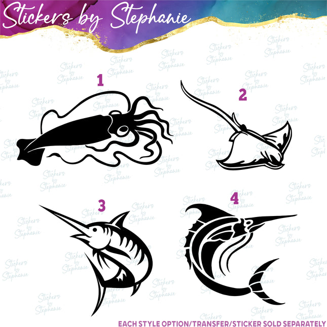 (s01A-267) Squid, Swordfish, Marlin Iron-On Transfer