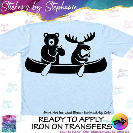 (s01A-273) Bear & Moose Canoe Canoeing Iron-On Transfer or Sticker