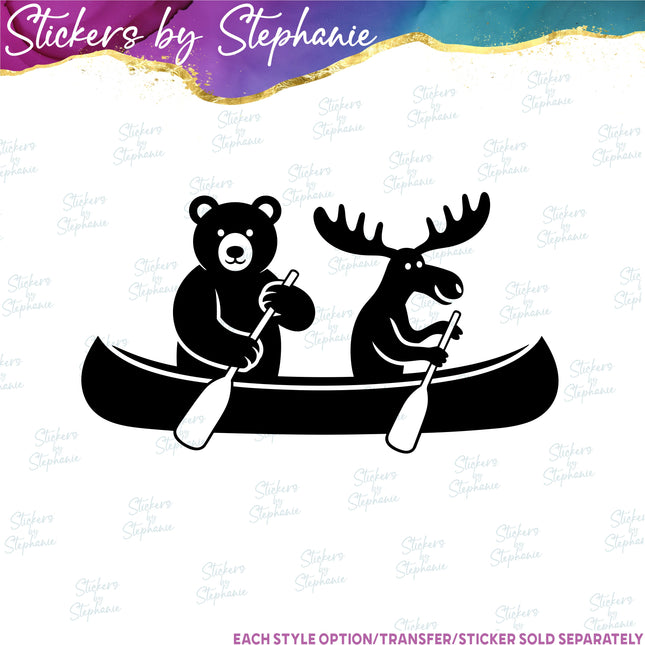 (s01A-273) Bear & Moose Canoe Canoeing Iron-On Transfer