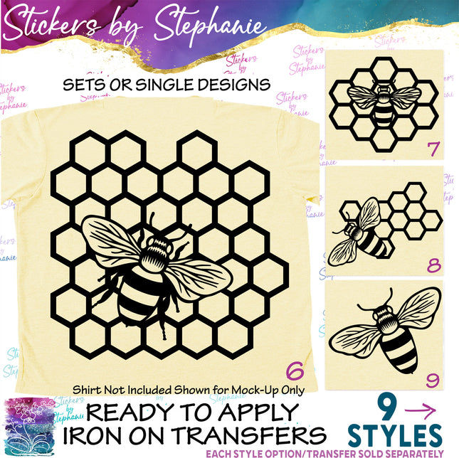 (s01A-006) Bee Honeycomb Iron-On Transfer