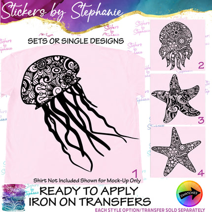 (s01A-029) Jellyfish, Starfish Iron-On Transfer or Sticker