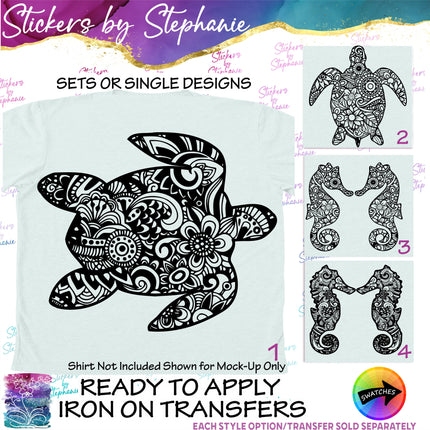 (s01A-030) Turtle, Seahorse Zentangle Iron-On Transfer or Sticker