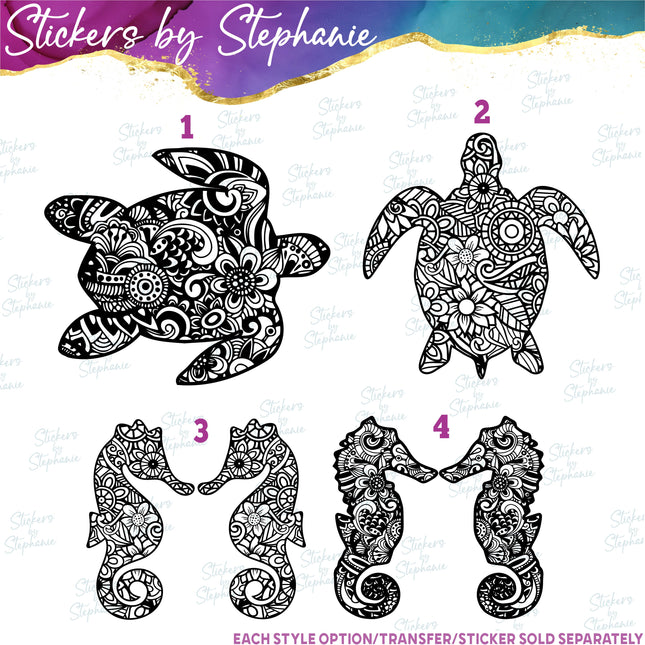 (s01A-030) Turtle, Seahorse Zentangle Iron-On Transfer