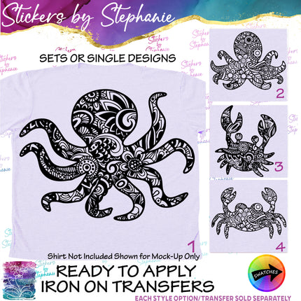 (s01A-031) Octopus, Crab Zentangle Iron-On Transfer or Sticker
