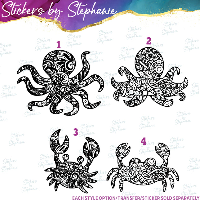 (s01A-031) Octopus, Crab Zentangle Iron-On Transfer