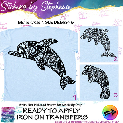 (s01A-032) Dolphin, Manatee Zentangle Iron-On Transfer or Sticker