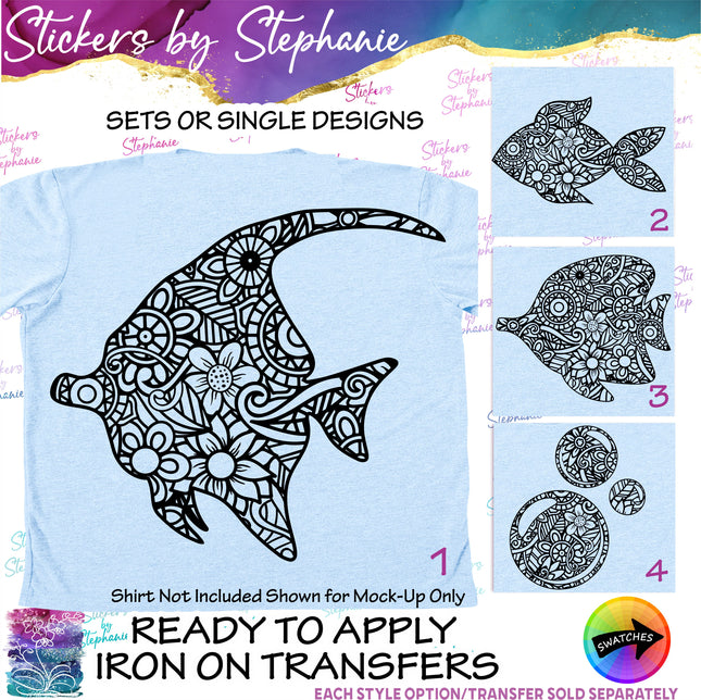 (s01A-033) Tropical Fish Zentangle Iron-On Transfer