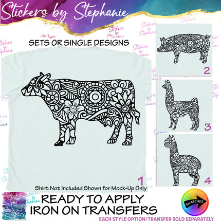 (s01A-035) Zentangle Farm Animals Iron-On Transfer or Sticker