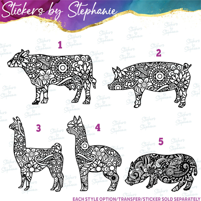 (s01A-035) Zentangle Farm Animals Iron-On Transfer