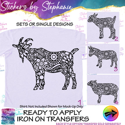 (s01A-036) Goat, Donkey, Sheep Zentangle  Iron-On Transfer or Sticker