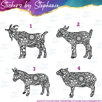 (s01A-036) Goat, Donkey, Sheep Zentangle  Iron-On Transfer or Sticker