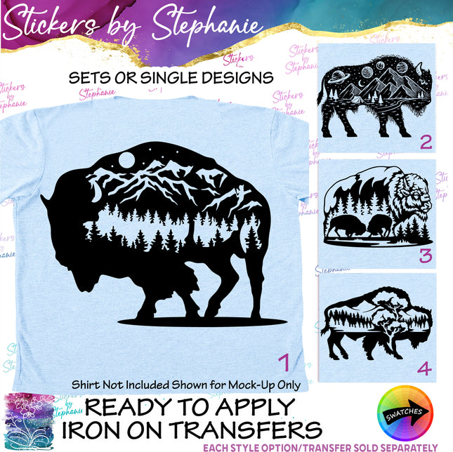 (s01A-042) Bison, Buffalo Double Exposure Iron-On Transfer