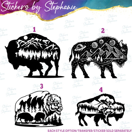 (s01A-042) Bison, Buffalo Double Exposure Iron-On Transfer or Sticker