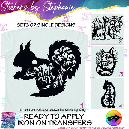 (s01A-045) Squirrel, Cougar, Fox, Lynx Double Exposure Iron-On Transfer or Sticker