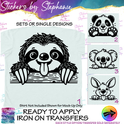 (s01A-049) Sloth, Panda, Koala, Kangaroo Peeking Iron-On Transfer