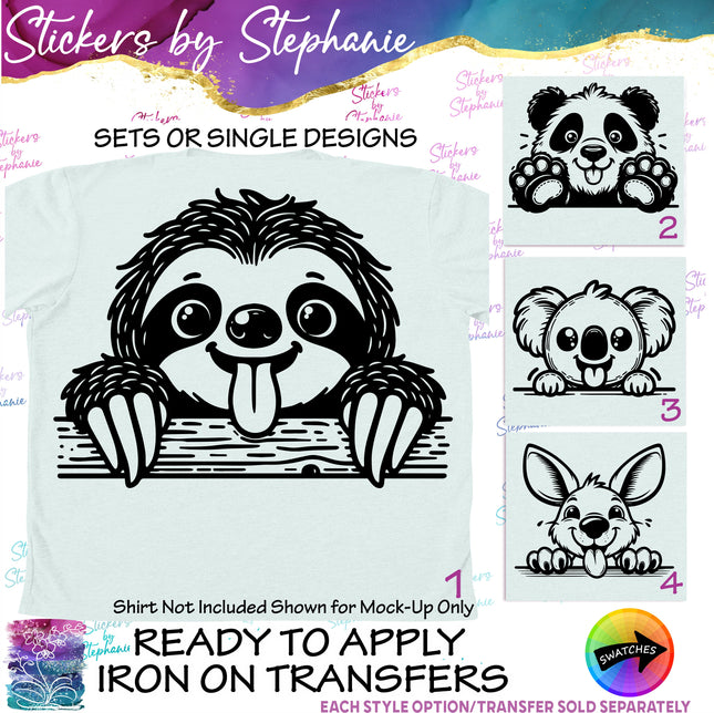 (s01A-049) Sloth, Panda, Koala, Kangaroo Peeking Iron-On Transfer